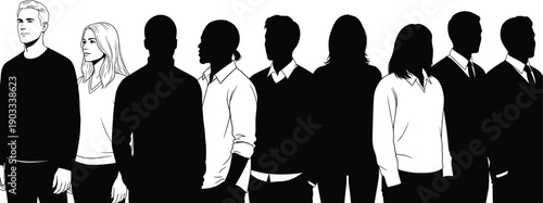 Diverse group of people silhouettes standing together isolated on white background, community, inclusion, teamwork and social diversity concept