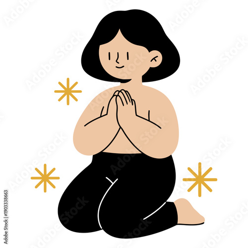 A stylized illustration of a person kneeling with hands pressed together in prayer or meditation surrounded by bright starbursts praying spiritual mindful woman faith peace