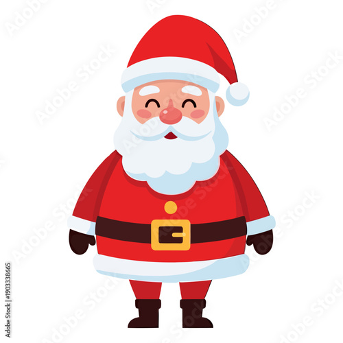 A cheerful cartoon illustration of Santa Claus with a white beard wearing his iconic red suit and hat smiling warmly during the holiday season Christmas festive winter character