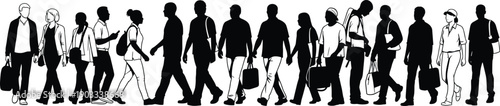 Diverse people silhouettes walking in urban crowd isolated on white background, city lifestyle, commuters and multicultural community concept