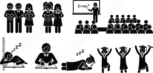 Education silhouettes set, students studying, classroom teaching concept, graduation celebration, academic success journey, school learning icons, isolated vector illustration