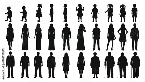 Diverse collection of black silhouettes representing men women and children of various ages and styles showcasing different outfits and poses people human male female woman