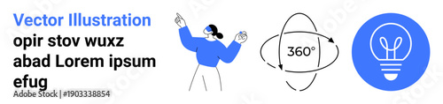 Virtual reality, education, innovation, brainstorming, navigation, creative design. Person using VR headset with 360-degree arrows and light bulb. Virtual reality and education concepts
