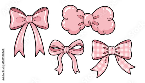 Four charming pink bows of varying styles and patterns including a large classic bow a puffy cloud shaped bow a ribbon bow and a gingham patterned bow decorative elegant feminine