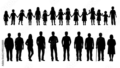 Silhouettes of children holding hands in a line above and adults of various ages standing in a row below conveying community and connection group people diversity generation