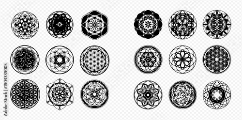 Set of sacred geometry mandalas and spiritual symbols, black and white vector illustration.