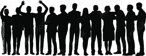 Group of diverse people silhouettes celebrating together isolated on white background, community unity, friendship, teamwork and social diversity concept