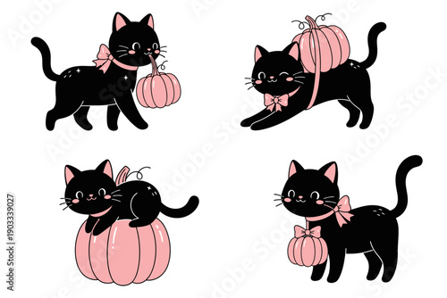 Four adorable cartoon black kittens wearing pink bows playfully interacting with pink pumpkins perfect for Halloween or autumn themes cat black cat kitten with pumpkin cute kitten