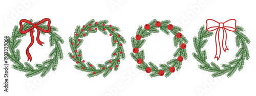 Four decorative Christmas wreaths made of green fir branches adorned with red berries and bows presented side by side evergreen decoration holiday festive season winter new year