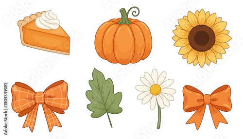 A collection of autumnal elements including a slice of pumpkin pie a whole pumpkin a sunflower two bows a green leaf and a daisy fall ribbon harvest seasonal food dessert