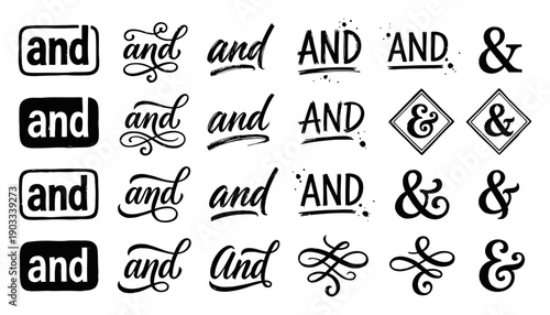 Collection of diverse typographic renderings of the word and and ampersand symbols in various artistic styles and compositions typography lettering text sign design set variety