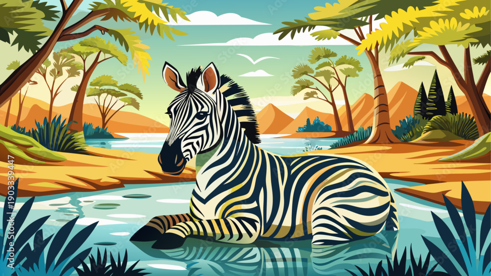 Obraz premium Very beautiful zebra resting beside shallow water in natural habitat, showcasing bold black and white patterns, harmony with nature, and iconic African wildlife identity.