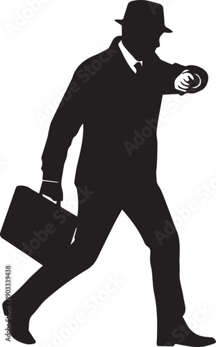 Businessman in hat checking wristwatch holding briefcase walking fast vector
