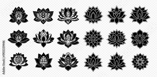 Set of black lotus flower icons, elegant floral symbols for spiritual and decorative designs.