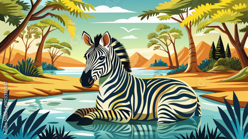 Very beautiful zebra resting beside shallow water in natural habitat, showcasing bold black and white patterns, harmony with nature, and iconic African wildlife identity.