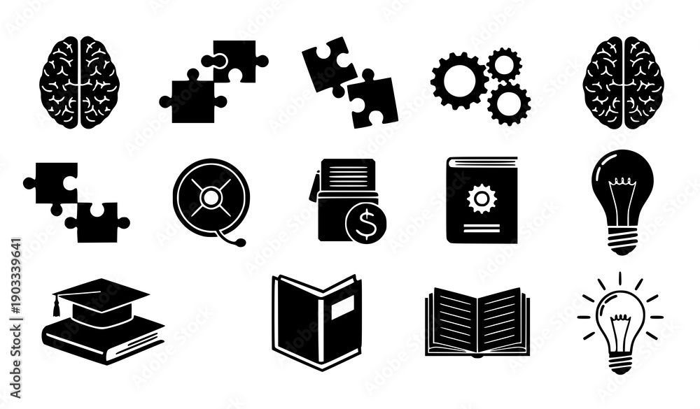 © MdYeasin - Problem solving and learning icons brain puzzle book vector set