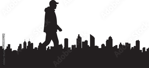 Silhouette of man in hooded jacket walking above small city skyline illustration vector
