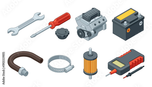 Set of automotive repair and maintenance parts including a wrench screwdriver oil cap engine car battery fuel filter hose clamp and multimeter car parts tools mechanic garage