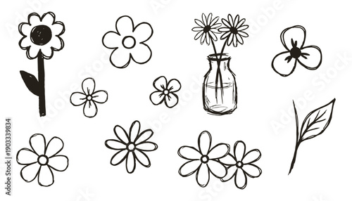 A collection of hand drawn black outlines of various flowers a vase with flowers and a single leaf rendered in a simple sketch style on a white canvas floral botanical nature