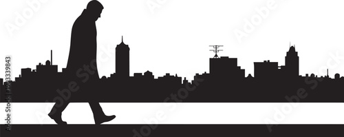 Silhouette of man in long coat walking against city skyline at night isolated background