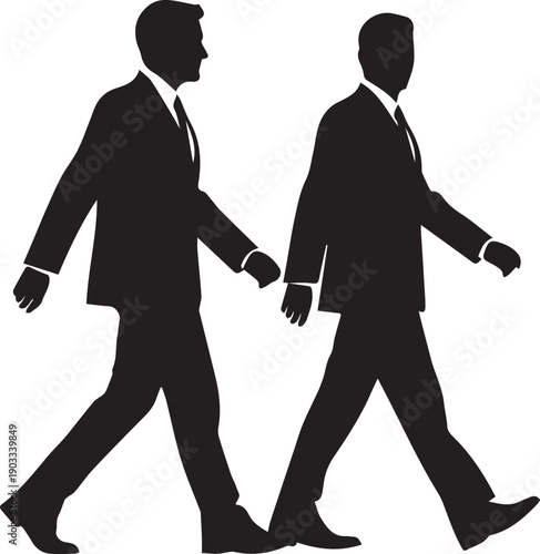 Two businessmen walking side by side in formal suits on transparent background vector