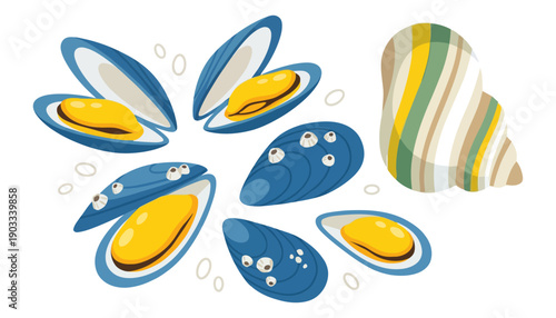 A collection of opened and closed blue mussels with bright yellow meat and a decorative striped seashell surrounded by small white circles on a plain white canvas seafood