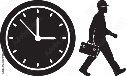 Worker with briefcase walking past large clock vector silhouette illustration time concept