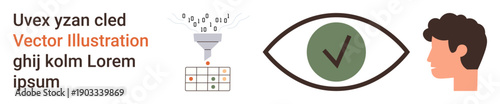 Data analysis, human perception, authentication, verification, visual processing, AI. Set of icons with funnel, table checkmark inside eye and human profile. Data analysis and human perception