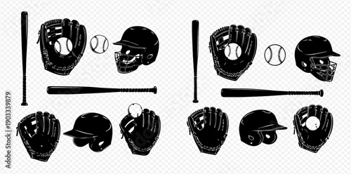 Baseball equipment silhouettes set including bats, gloves, balls, and helmets for sports design.