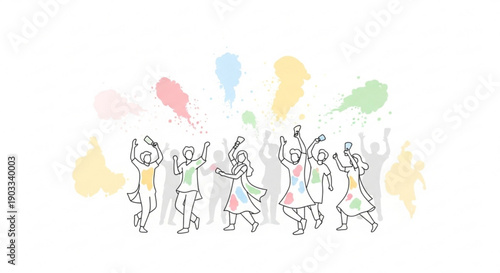 People celebrating Holi festival throwing colorful powder in the air joyful group dancing and having fun vector illustration on white backgr
