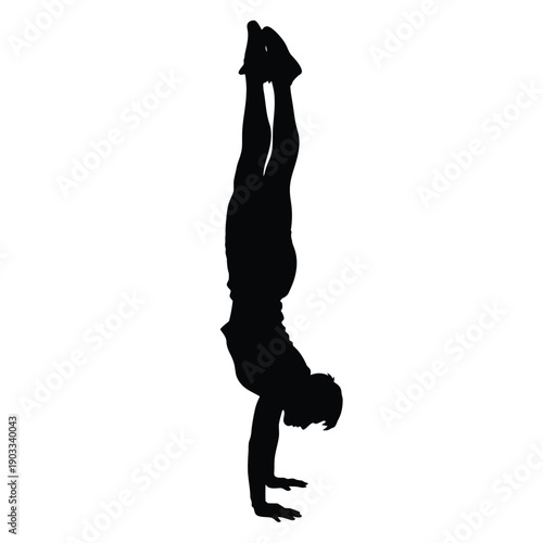 A silhouette of a person performing a handstand against a white background.