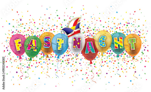 Header mit dem Text Fastnacht, bunten Luftballons und Konfetti