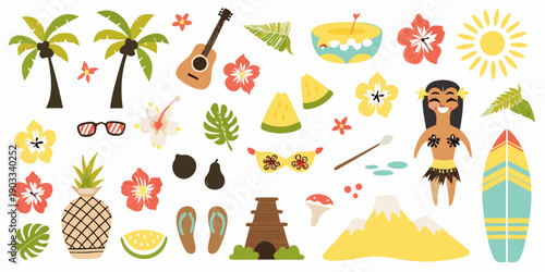 Colorful tropical illustration featuring palm trees flowers and hawaiian elements