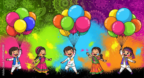 Children celebrating Holi festival with colorful balloons and powder paint splashes vibrant illustration for Indian culture and festive even