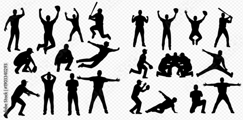 Set of baseball player silhouettes in various action poses, including batting, catching, and celebrating, on a transparent background.