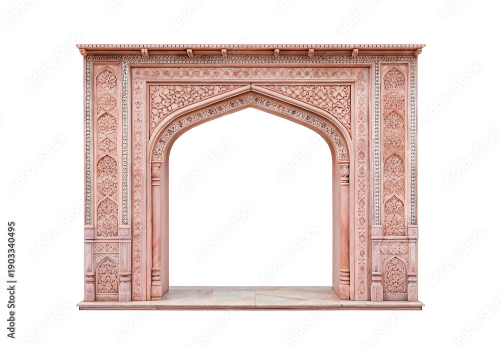 Obraz premium Pink marble fireplace with Islamic arch and intricate carvings, isolated on a transparent background