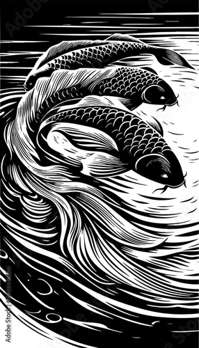 Three koi carps swimming in dark water linocut illustration. Vertical Japanese koi fish graphic with waves and black background. High contrast koi carp illustration for wall art or poster design