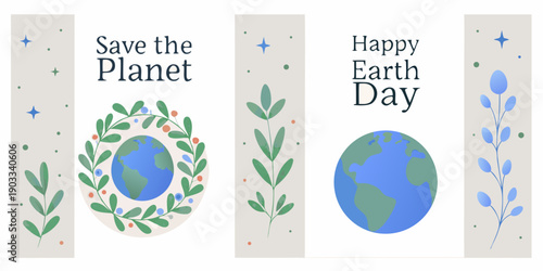 Save the planet happy earth day illustration with floral wreath and leaves