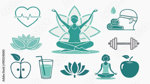 Healthy lifestyle icons set with fitness yoga wellness nutrition and self care elements