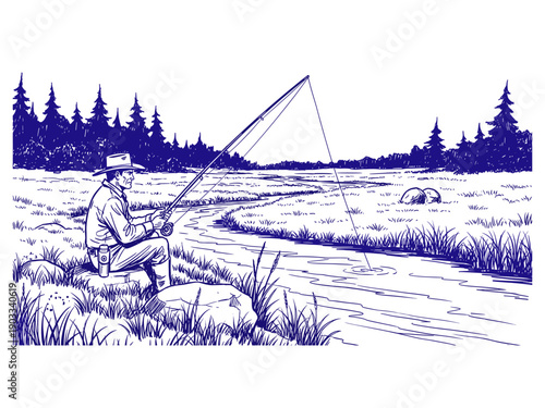 Angler Fishing in River Stream Landscape. Vintage Hand-Drawn Sketch Illustration of a Man Sitting by Water in the Wilderness.