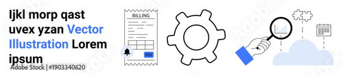 Business analytics, cloud computing, technical support, billing systems, document verification, data management. Magnifying glass, gear and invoice elements . Business analytics and cloud computing