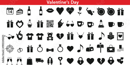 Valentine’s Day solid icons set featuring love symbols, hearts, gifts, drinks, fashion items, music, messages, and romantic holiday celebration elements