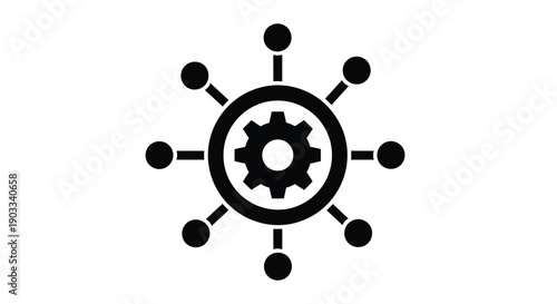 A black and white graphic illustration of a gear at the center connected to multiple nodes.