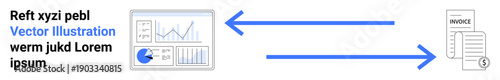 Analytics dashboard with pie chart and graphs connected via arrows to an invoice document. Ideal for analytics, data transfer, business operations, finance, automation, digital workflow, simple