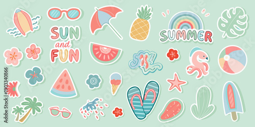 Colorful summer sticker collection with beach and tropical elements