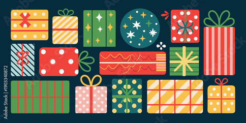 Colorful assortment of decorated gift boxes and festive holiday elements