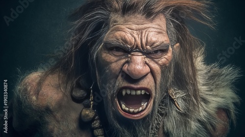 angry, screaming  Neanderthal closeup