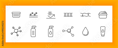 Cosmetic set icon. Cream jars, droppers, serum, water drops, molecular structure, hydration layer, elasticity lines, and skin enhancement symbols.