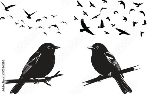 Silhouette of birds on branches with flock in flight