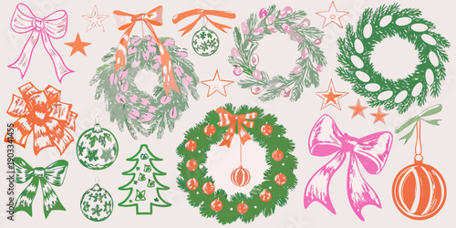 Colorful christmas illustrations of wreaths ornaments and festive bows